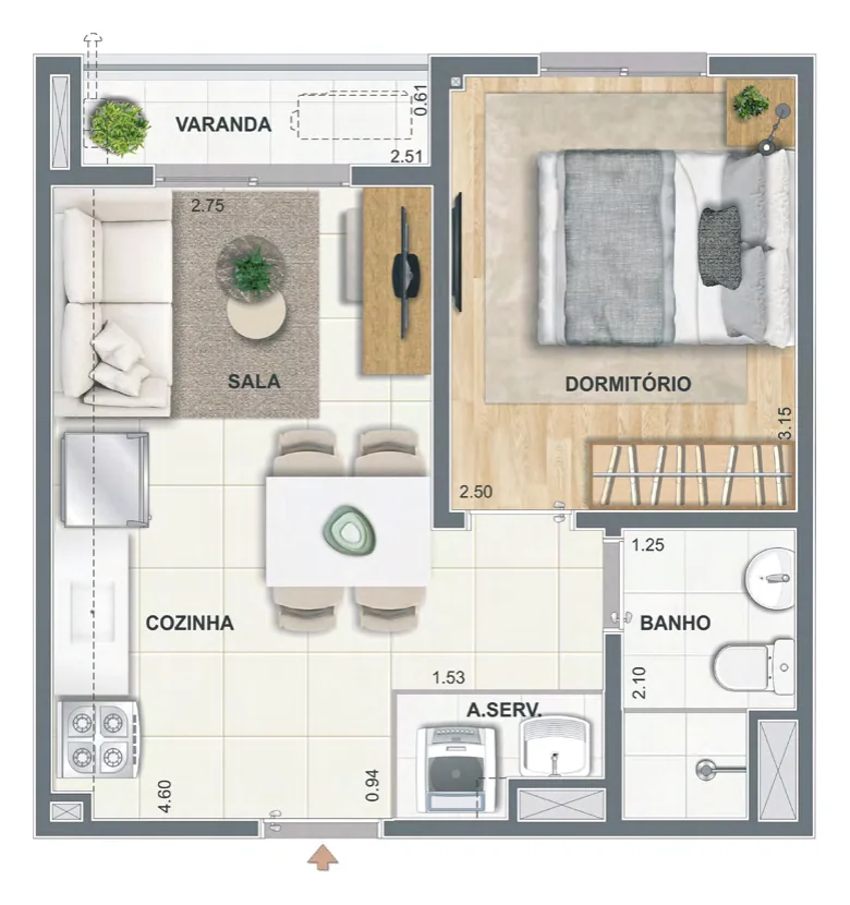 Planta baixa do apartamento de 1 quarto com varanda de 31,62 m² do Luzes do Rio Candeeiro em São Cristóvão