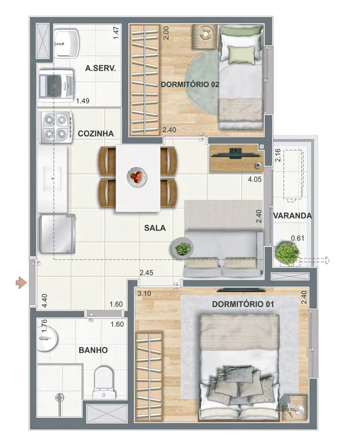 Planta baixa do apartamento de 2 quartos com varanda de 35,90 m² do Luzes do Rio Candeeiro